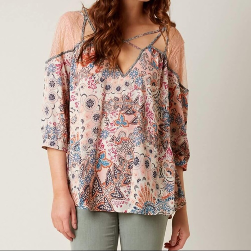 Gimmicks pink printed lace style cut out top